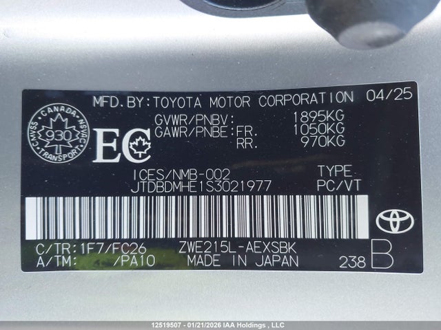 JTDBDMHE1S3021977 Toyota Corolla Hybrid