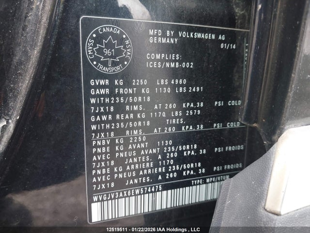 12519511 :رقم المزاد ، WVGJV3AX6EW574475 vin ، 2014 Volkswagen Tiguan Comfortline/highline/trendline مزاد بيع