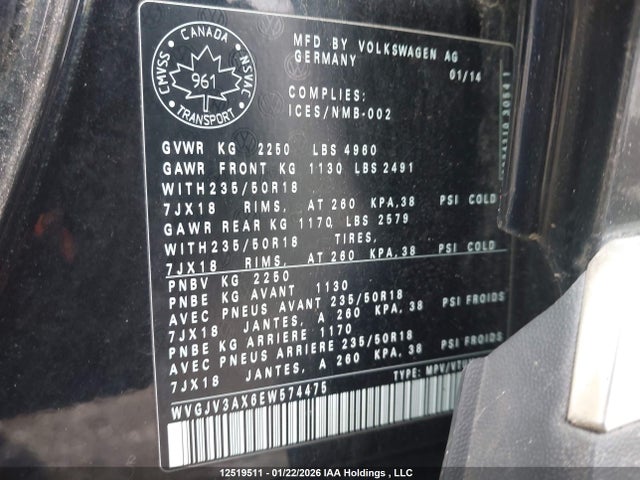 12519511 :رقم المزاد ، WVGJV3AX6EW574475 vin ، 2014 Volkswagen Tiguan Comfortline/highline/trendline مزاد بيع