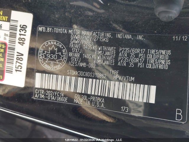 12519522 :رقم المزاد ، 5TDKK3DC8DS310862 vin ، 2013 Toyota Sienna Le 8 Passenger مزاد بيع