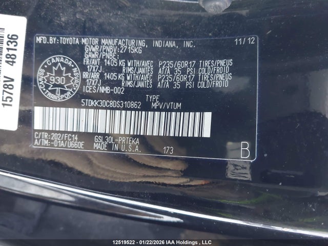 12519522 :رقم المزاد ، 5TDKK3DC8DS310862 vin ، 2013 Toyota Sienna Le 8 Passenger مزاد بيع