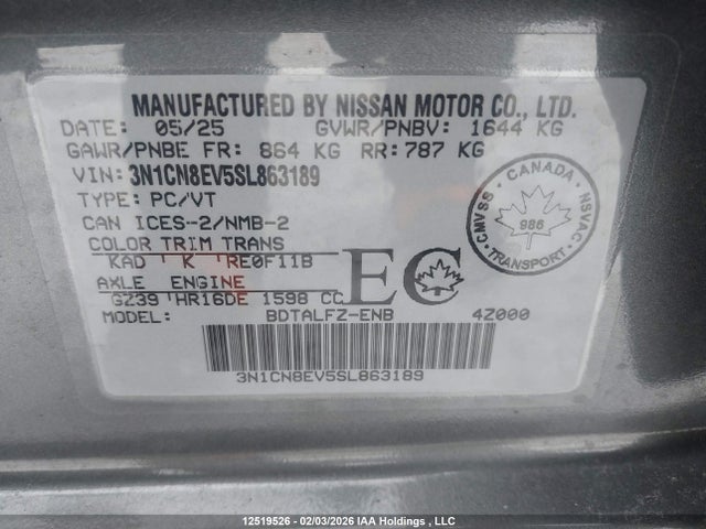 3N1CN8EV5SL863189 Nissan VERSA SV