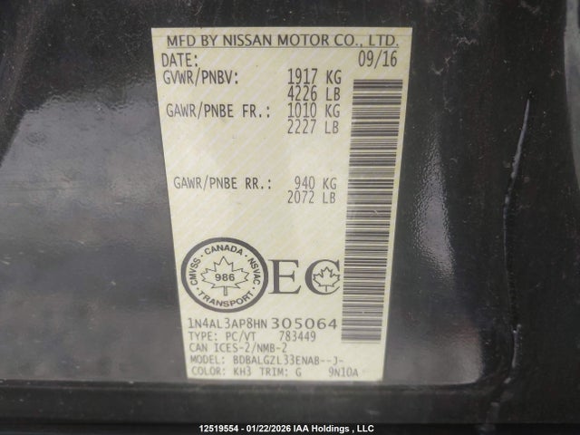 Продажа на аукционе авто 2017 Nissan Altima 2.5/s/sv/sl/sr, vin: 1N4AL3AP8HN305064, номер лота: 12519554