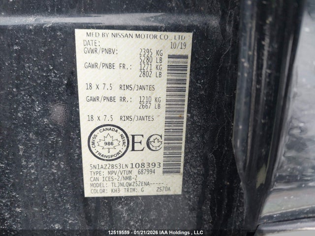 5N1AZ2BS3LN108393 Nissan MURANO SV