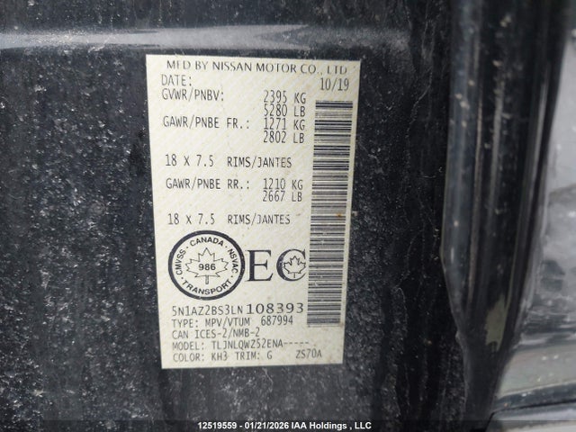 5N1AZ2BS3LN108393 Nissan MURANO SV