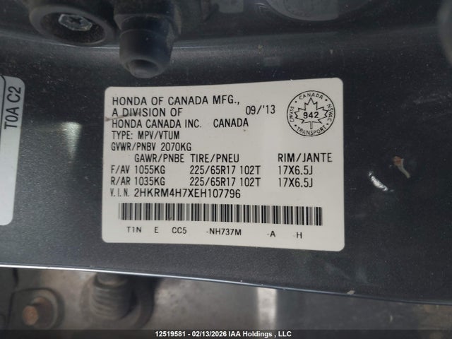 2HKRM4H7XEH107796 Honda Cr-v Ex-l