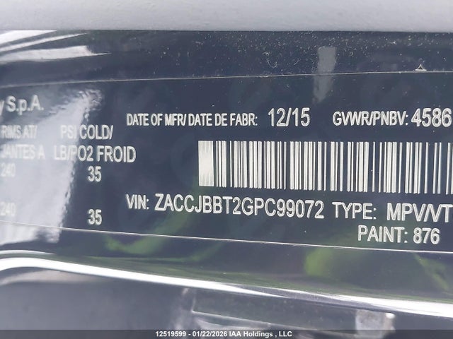 Aukcja sprzedaży 2016 Jeep Renegade Latitude, vin: ZACCJBBT2GPC99072, numer aukcji: 12519599
