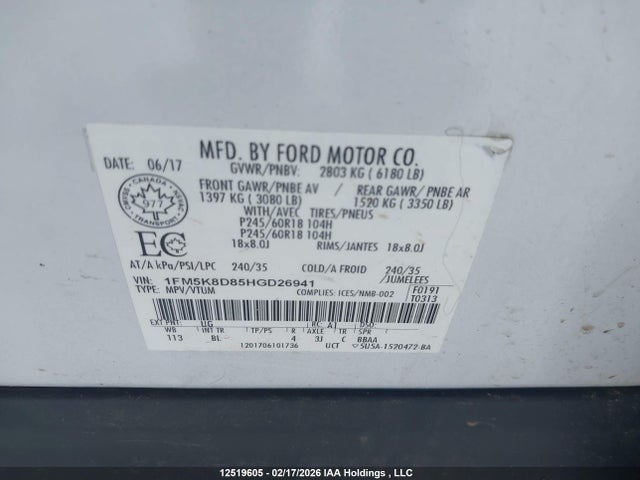 1FM5K8D85HGD26941 Ford EXPLORER XLT