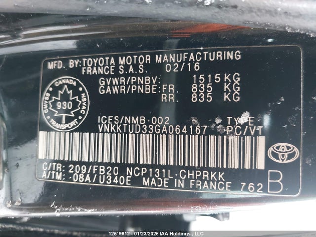 VNKKTUD33GA064167 Toyota Yaris L/le/se