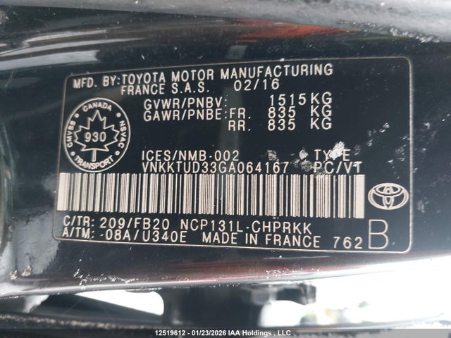 VNKKTUD33GA064167 Toyota Yaris L/le/se