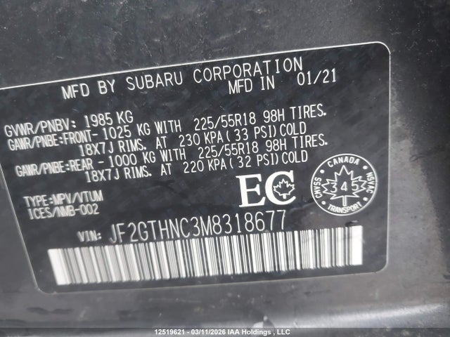 Aukcja sprzedaży 2021 Subaru Crosstrek Limited, vin: JF2GTHNC3M8318677, numer aukcji: 12519621