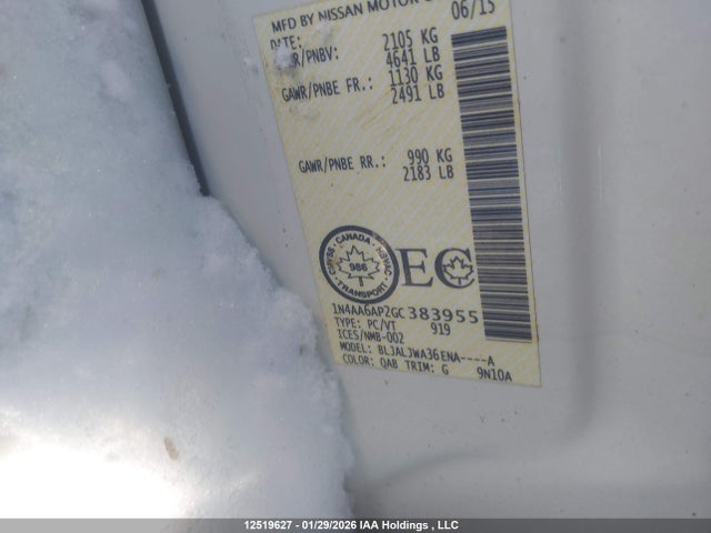 12519627 :رقم المزاد ، 1N4AA6AP2GC383955 vin ، 2016 Nissan Maxima 3.5s/sv/sl/sr/plat مزاد بيع