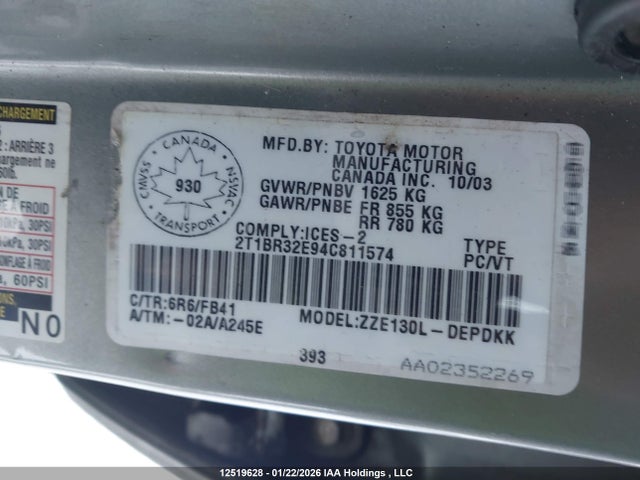 12519628 :رقم المزاد ، 2T1BR32E94C811574 vin ، 2004 Toyota Corolla Ce/le/sport مزاد بيع