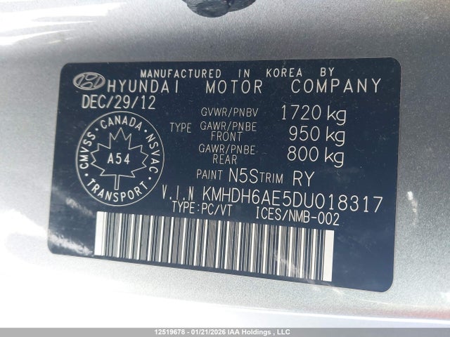 12519678 :رقم المزاد ، KMHDH6AE5DU018317 vin ، 2013 Hyundai Elantra Gls مزاد بيع