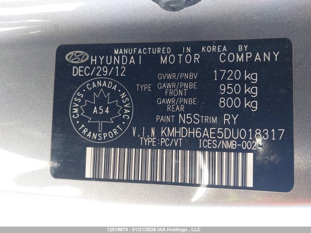 12519678 :رقم المزاد ، KMHDH6AE5DU018317 vin ، 2013 Hyundai Elantra Gls مزاد بيع