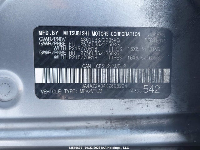 JA4AZ2A34KZ608224 Mitsubishi Outlander