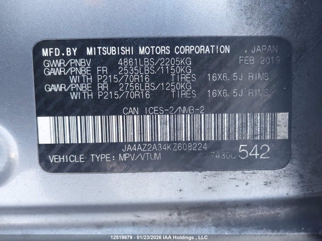 JA4AZ2A34KZ608224 Mitsubishi Outlander