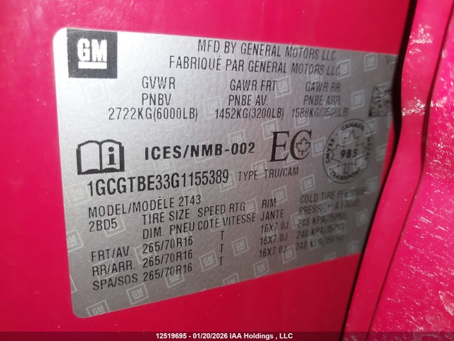 Aukcja sprzedaży 2016 Chevrolet Colorado, vin: 1GCGTBE33G1155389, numer aukcji: 12519695