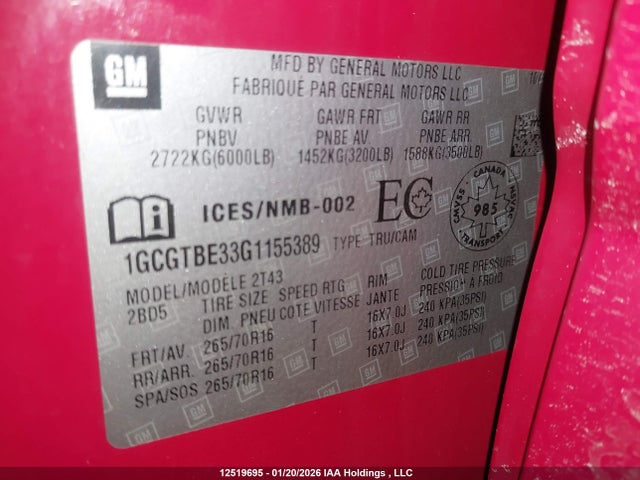 Aukcja sprzedaży 2016 Chevrolet Colorado, vin: 1GCGTBE33G1155389, numer aukcji: 12519695