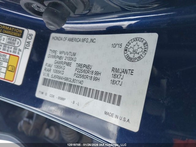 5J6RM4H98GL801140 Honda Cr-v Touring