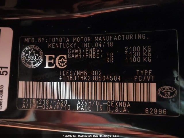 4T1B31HK2JU504504 Toyota Camry Hybrid Le