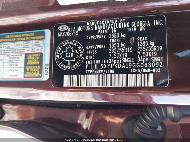 5XYPKDA19GG063092 KIA Sorento 2.0l Sx