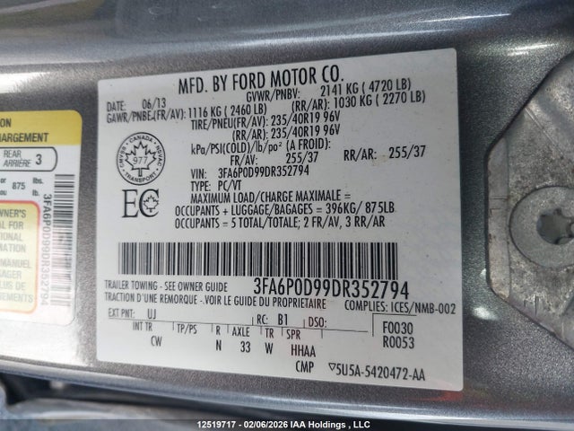 Продаж на аукціоні авто 2013 Ford Fusion Titanium, vin: 3FA6P0D99DR352794, номер лоту: 12519717