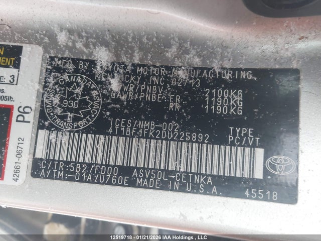 12519718 :رقم المزاد ، 4T1BF1FK2DU225892 vin ، 2013 Toyota Camry Le مزاد بيع