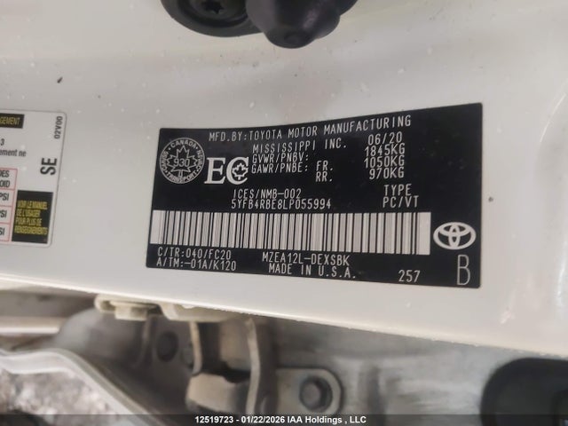 2020 Toyota Corolla Se მანქანა იყიდება აუქციონზე, vin: 5YFB4RBE8LP055994, აუქციონის ნომერი: 12519723