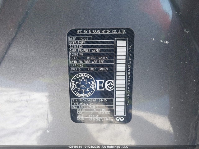 3PCAJ5AB3MF124415 Infiniti Qx50 Pure