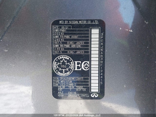 3PCAJ5AB3MF124415 Infiniti Qx50 Pure