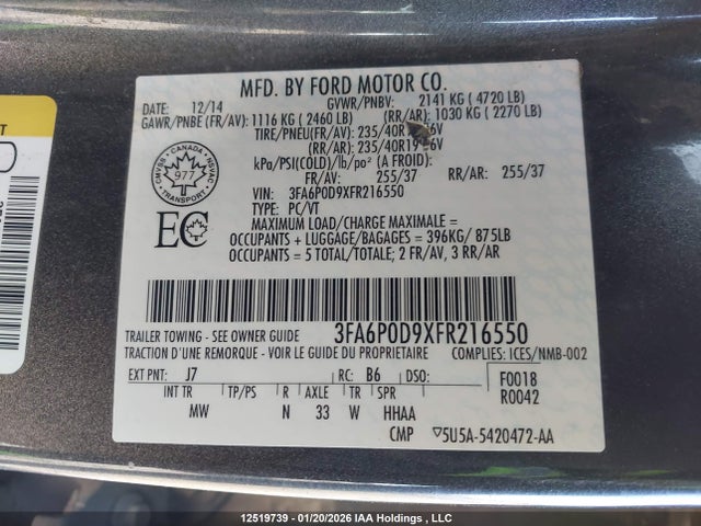 2015 Ford Fusion Titanium მანქანა იყიდება აუქციონზე, vin: 3FA6P0D9XFR216550, აუქციონის ნომერი: 12519739