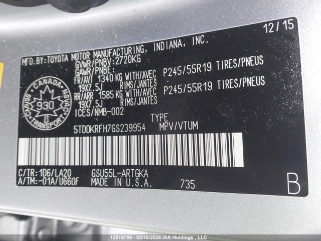 Aukcja sprzedaży 2016 Toyota Highlander Limited, vin: 5TDDKRFH7GS239954, numer aukcji: 12519759