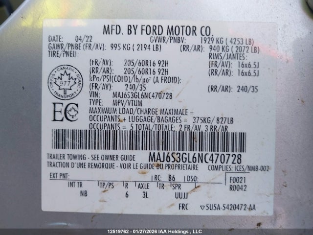 MAJ6S3GL6NC470728 Ford Ecosport Se