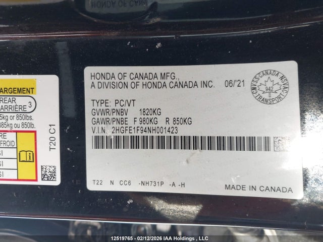 2HGFE1F94NH001423 Honda Civic