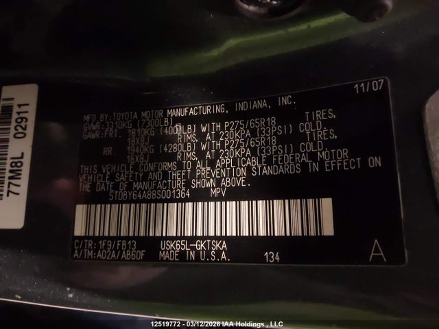 Aukcja sprzedaży 2008 Toyota Sequoia Sr5, vin: 5TDBY64A88S001364, numer aukcji: 12519772