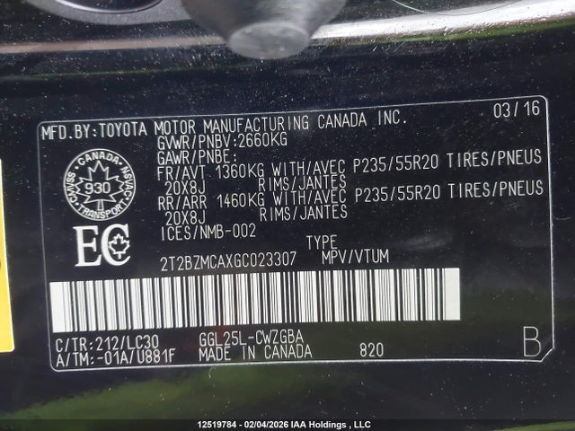 2T2BZMCAXGC023307 Lexus Rx 350/base/f Sport