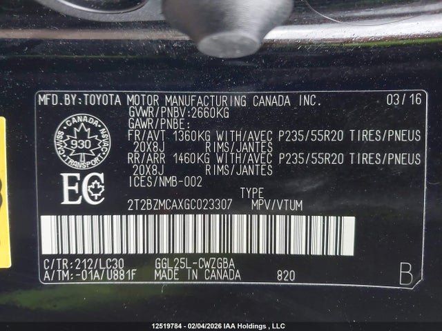 2T2BZMCAXGC023307 Lexus Rx 350/base/f Sport