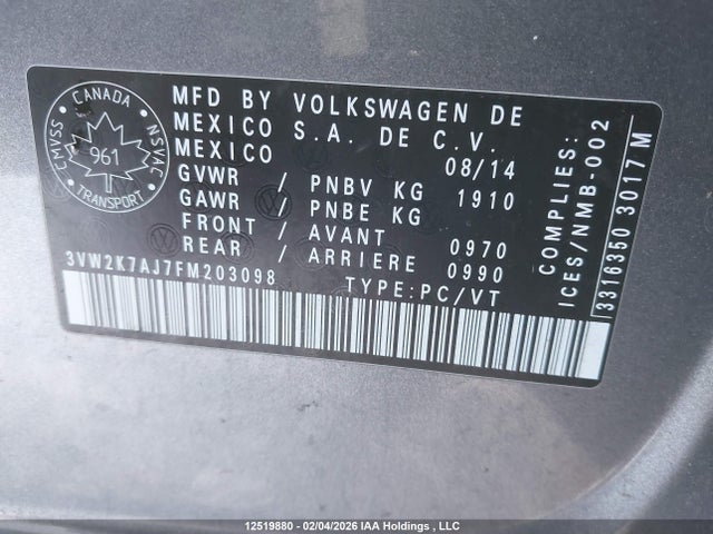 3VW2K7AJ7FM203098 Volkswagen Jetta 2.0l Trendline/2.0l Trendline+