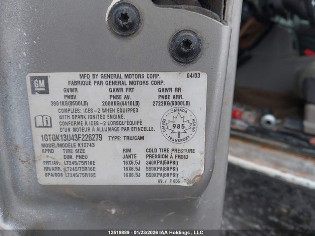 12519889 :رقم المزاد ، 1GTGK13U43F226279 vin ، 2003 Gmc Sierra K1500 Heavy Duty مزاد بيع