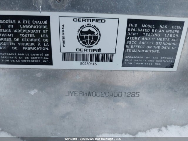 12519891 :رقم المزاد ، JYE8HW002CA001285 vin ، 2012 Yamaha Yamaha Snowmobile مزاد بيع