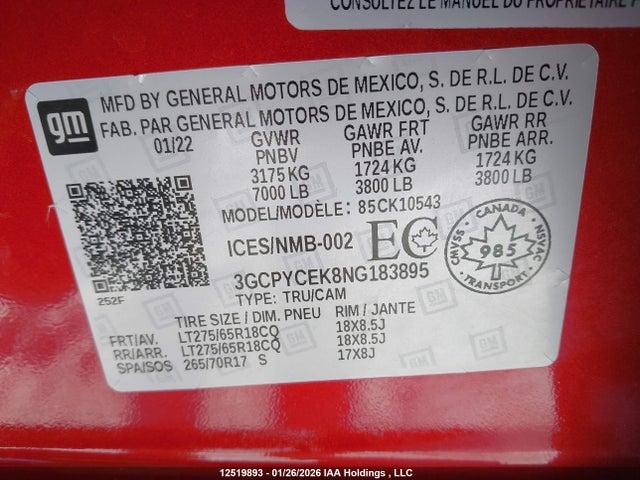 Продаж на аукціоні авто 2022 Chevrolet Silverado Ltd K1500 Trail Boss Custom, vin: 3GCPYCEK8NG183895, номер лоту: 12519893