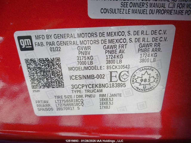 Продаж на аукціоні авто 2022 Chevrolet Silverado Ltd K1500 Trail Boss Custom, vin: 3GCPYCEK8NG183895, номер лоту: 12519893