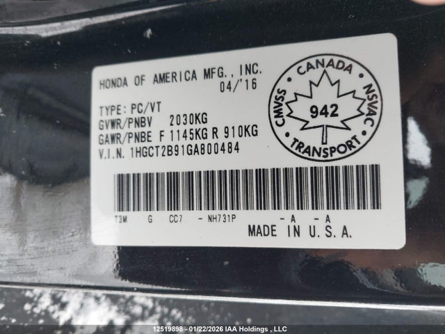 1HGCT2B91GA800484 Honda ACCORD EXL