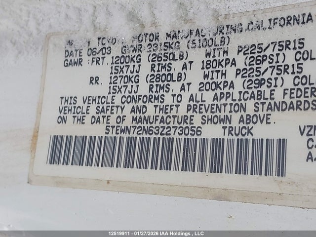 Auction sale of the 2003 Toyota Tacoma Xtracab, vin: 5TEWN72N63Z273056, lot number: 12519911