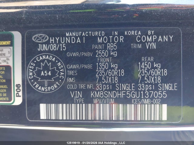 KM8SNDHF5GU137055 Hyundai Santa Fe Xl Luxury