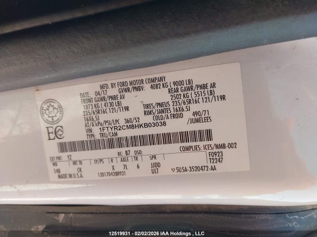 2017 Ford Transit-250 მანქანა იყიდება აუქციონზე, vin: 1FTYR2CM8HKB03038, აუქციონის ნომერი: 12519931