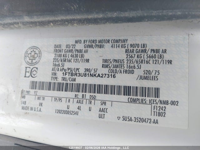 1FTBR3U81NKA27316 Ford Transit T-250