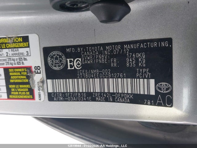 2012 Toyota Corolla მანქანა იყიდება აუქციონზე, vin: 2T1BU4EE0CC912761, აუქციონის ნომერი: 12519944