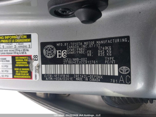 2012 Toyota Corolla მანქანა იყიდება აუქციონზე, vin: 2T1BU4EE0CC912761, აუქციონის ნომერი: 12519944